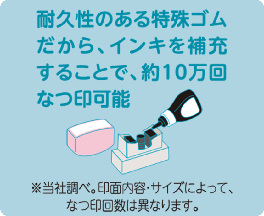 耐久性のある特殊ゴムだから、インキを補充することで、約10万回なつ印可能